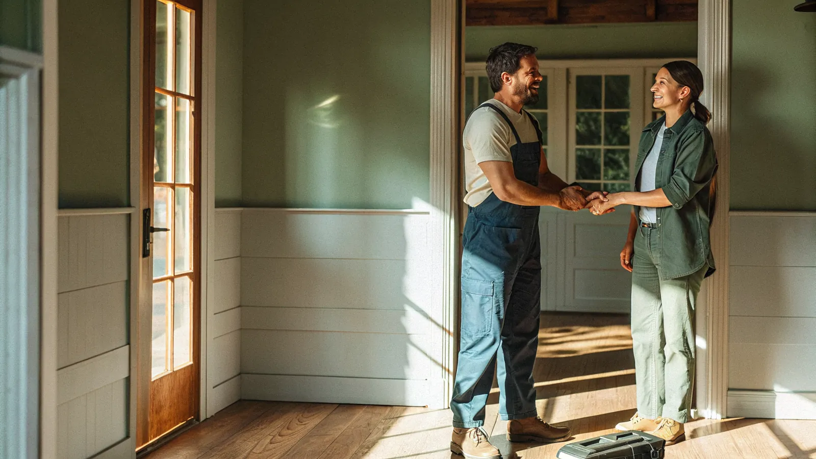 Homeowner and pro shaking hands after a finished job