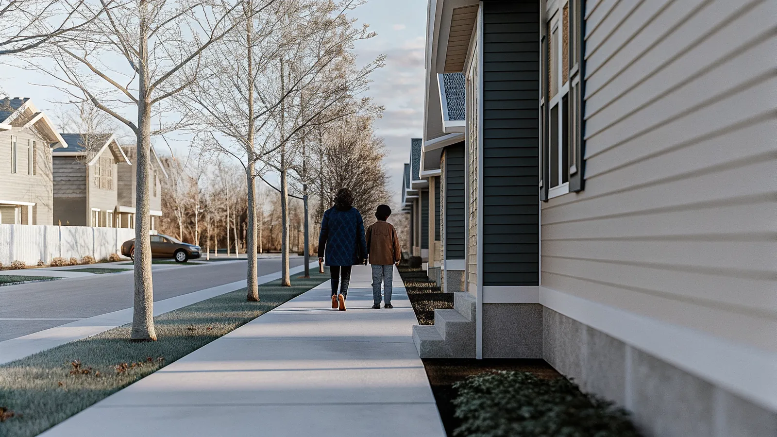Tree-lined suburban street with family homes